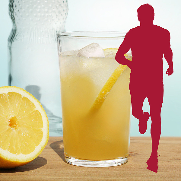 Bild eines gelben Cocktails und Umriss einer laufenden Person 