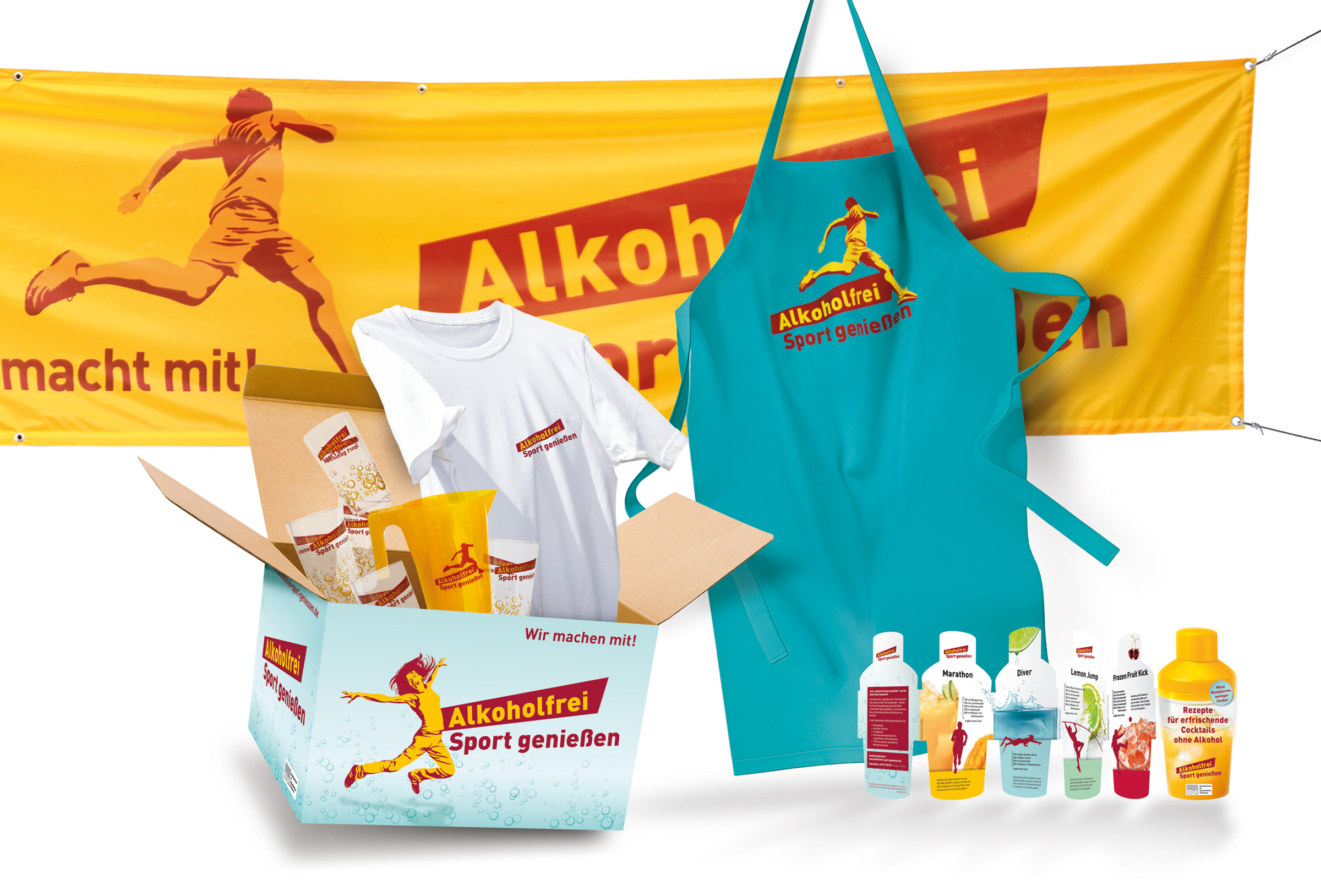 Die Aktionsbox mit Aktionsbanner, Barschürze und Cocktail-Heft.