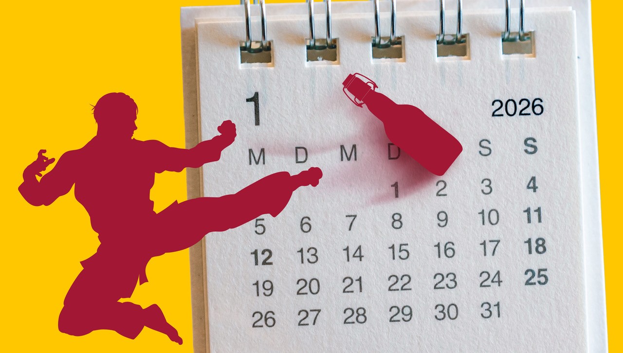 Illustration eines Karate Manns, der Flasche wegkickt - dahinter Kalender von Januar 2026