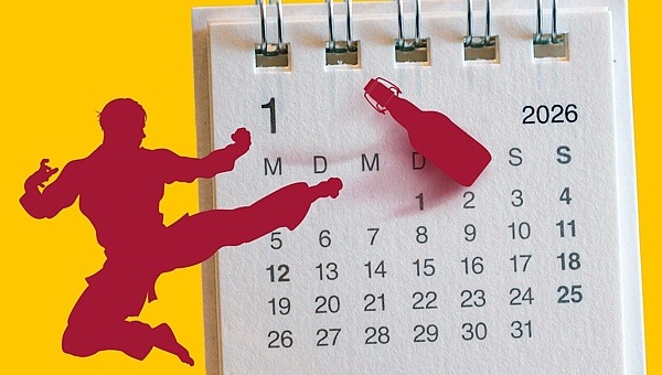 Illustration eines Karate Manns, der Flasche wegkickt - dahinter Kalender von Januar 2026