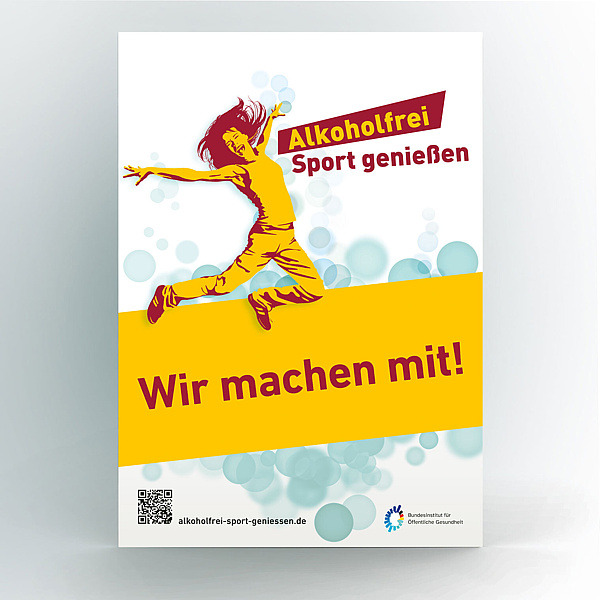 Werbeaufsteller mit dem Logo von „Alkoholfrei Sport geniessen“ und dem Slogan „Wir machen mit!“