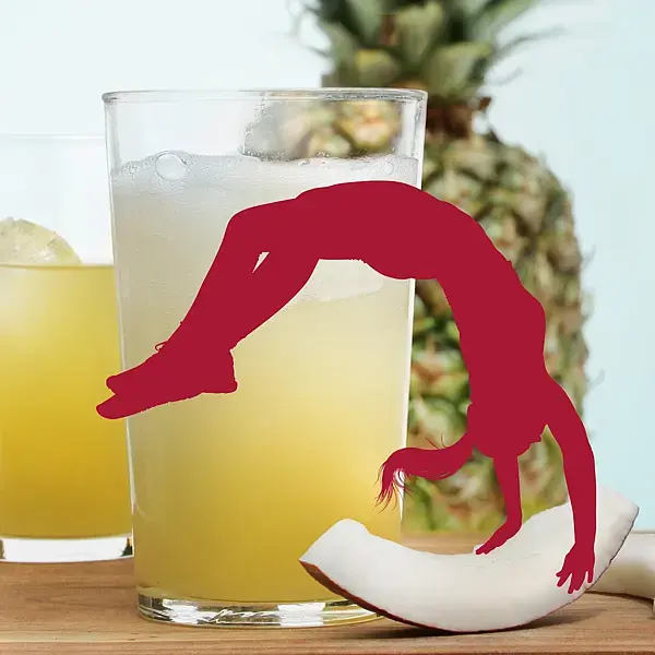 Bild eines gelben Cocktails und der Umriss einer Person die einen Flic Flac turnt