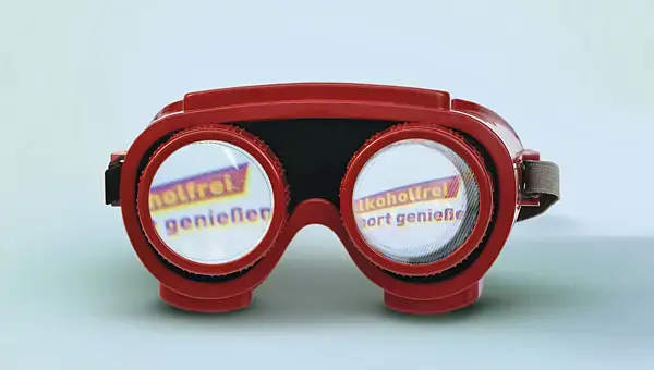 Ansicht auf eine rote Rauschbrille: Darin der Schriftzug „Alkoholfrei Sport genießen“