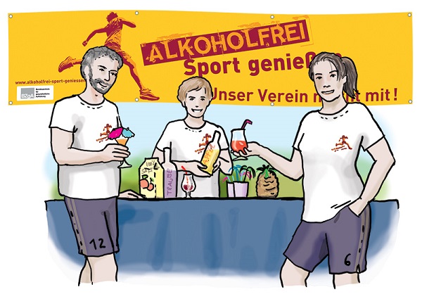 Drei Menschen stehen um einen Stand vor einem Alkoholfrei Sport genießen Banner und trinken alkoholfreie Cocktails