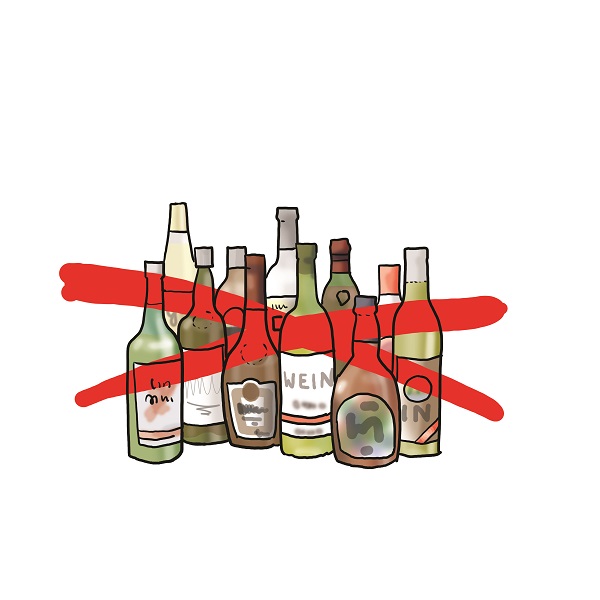 Einige leere Flaschen mit Alkoholika sind in roter Farbe durchgestrichen