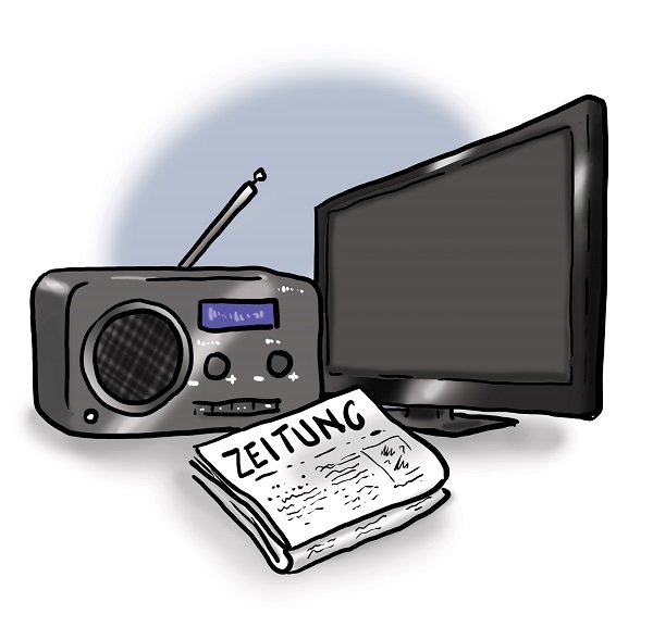 Ein Radio, eine Zeitung und ein Fernseher im Comic-Stil
